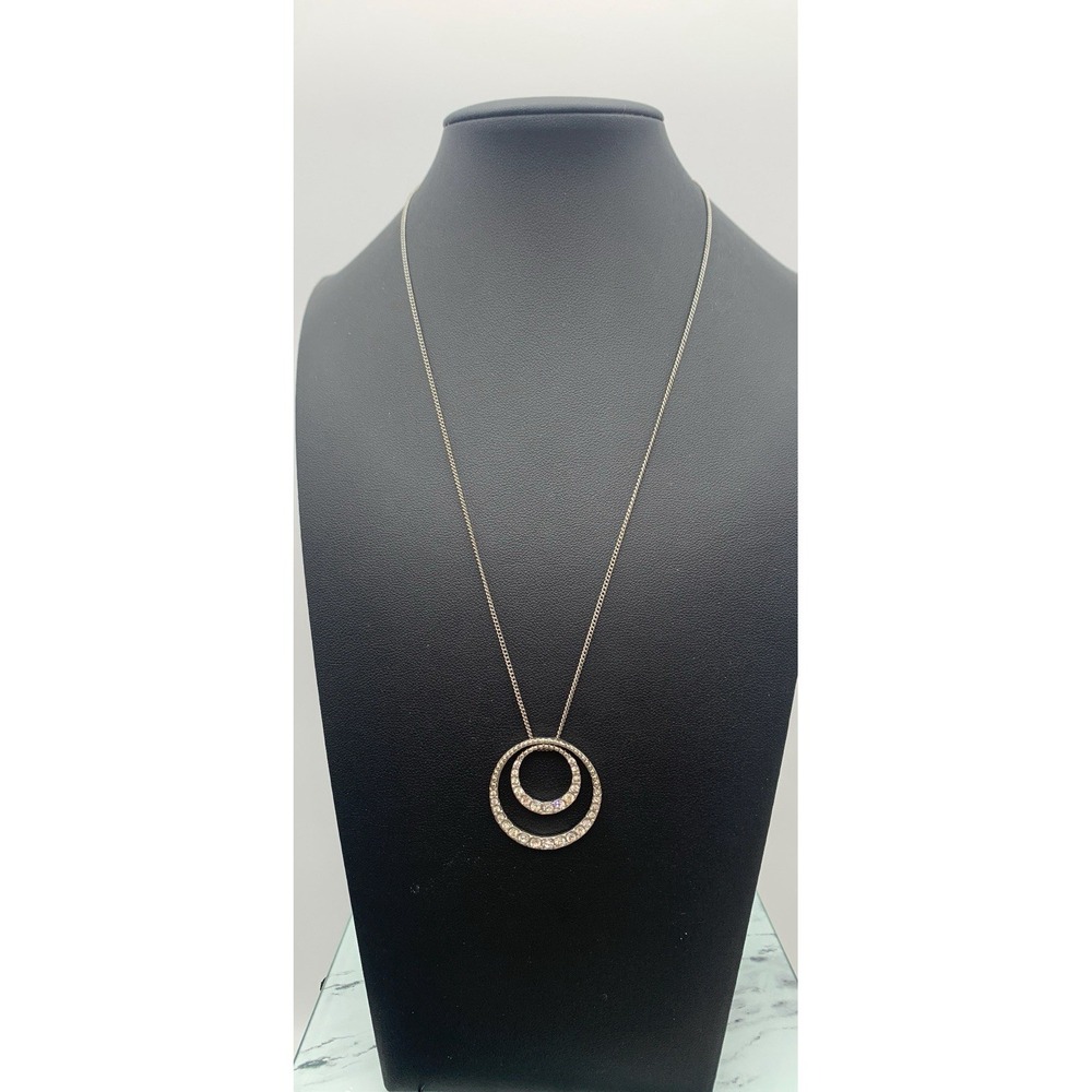 Monet Silver Tone Double Ring CZ Pendant Necklace Dainty 18"